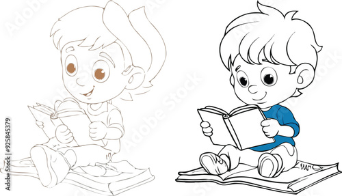 coloring page simple drawing of cartoon character reading a book in library , coloring book