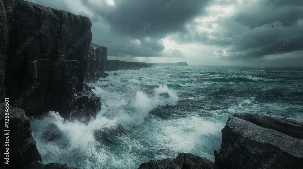 A picture of a stormy sea with large waves crashing against rocks A picture of a stormy sea with large waves crashing against rocks