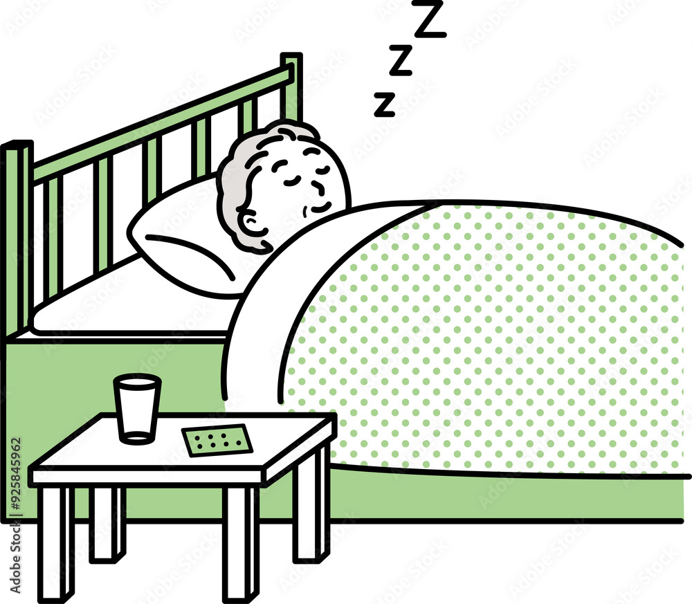 睡眠薬を飲んで眠る高齢者のイラスト 睡眠薬を飲んで眠る高齢者のイラスト