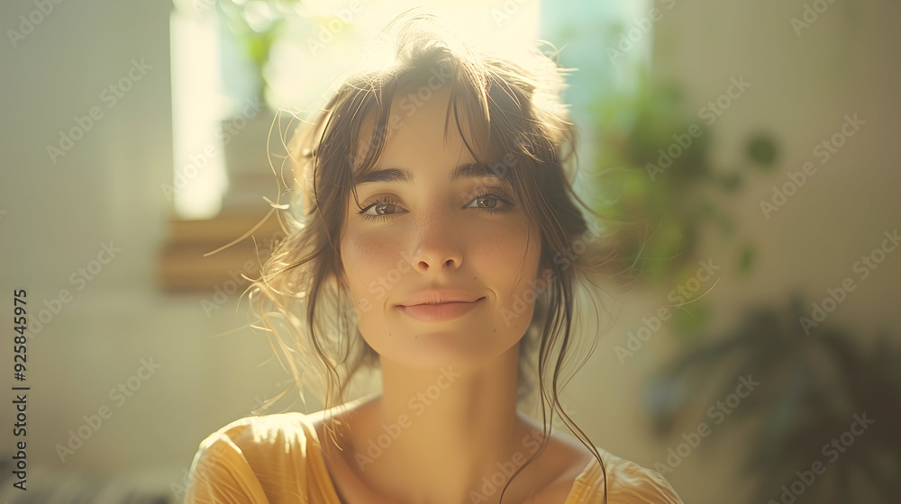 Woman with Long Brown Hair Smiling in Sunlight - Realistic Portrait Illustration Woman with Long Brown Hair Smiling in Sunlight - Realistic Portrait Illustration