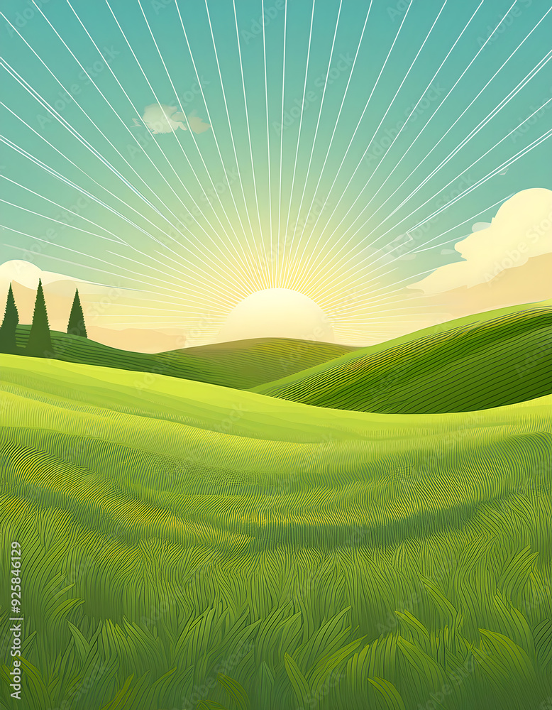 Obraz premium 蓝天白云下连绵的绿色稻田