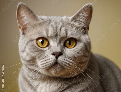 Close-up Portrait of a Grey and White British Shorthair Cat with Yellow Eyes photo