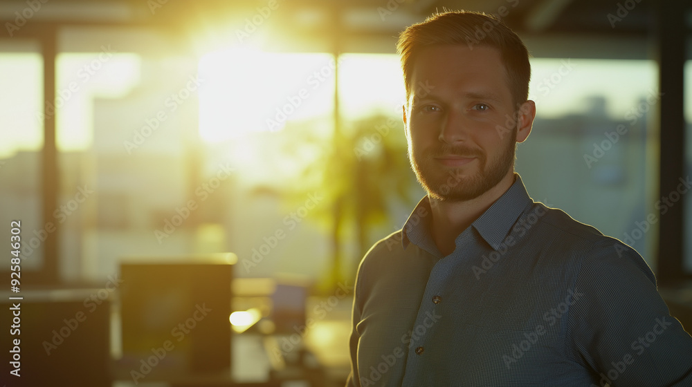 Man with a beard and light-colored hair. He is wearing a blue shirt and looking at the camera Man with a beard and light-colored hair. He is wearing a blue shirt and looking at the camera