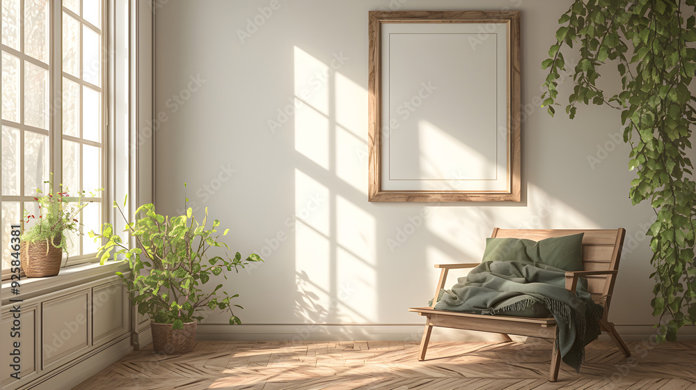 Light minimalistic living room interior with blank picture frame mockup on the wall and sofa in the center. AI generative. Light minimalistic living room interior with blank picture frame mockup on the wall and sofa in the center. AI generative.