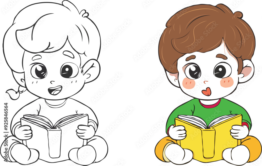 coloring page simple drawing of cartoon character reading a book in library , coloring book coloring page simple drawing of cartoon character reading a book in library , coloring book