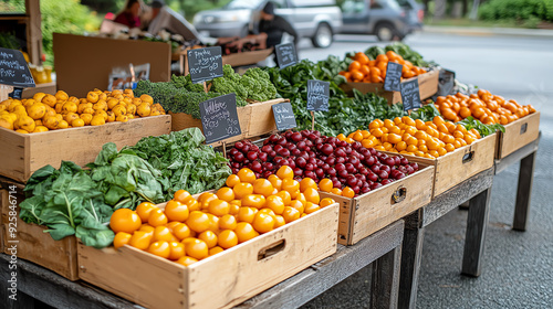 Fresh fruits and vegetables displayed in wooden crates at a farmers market.