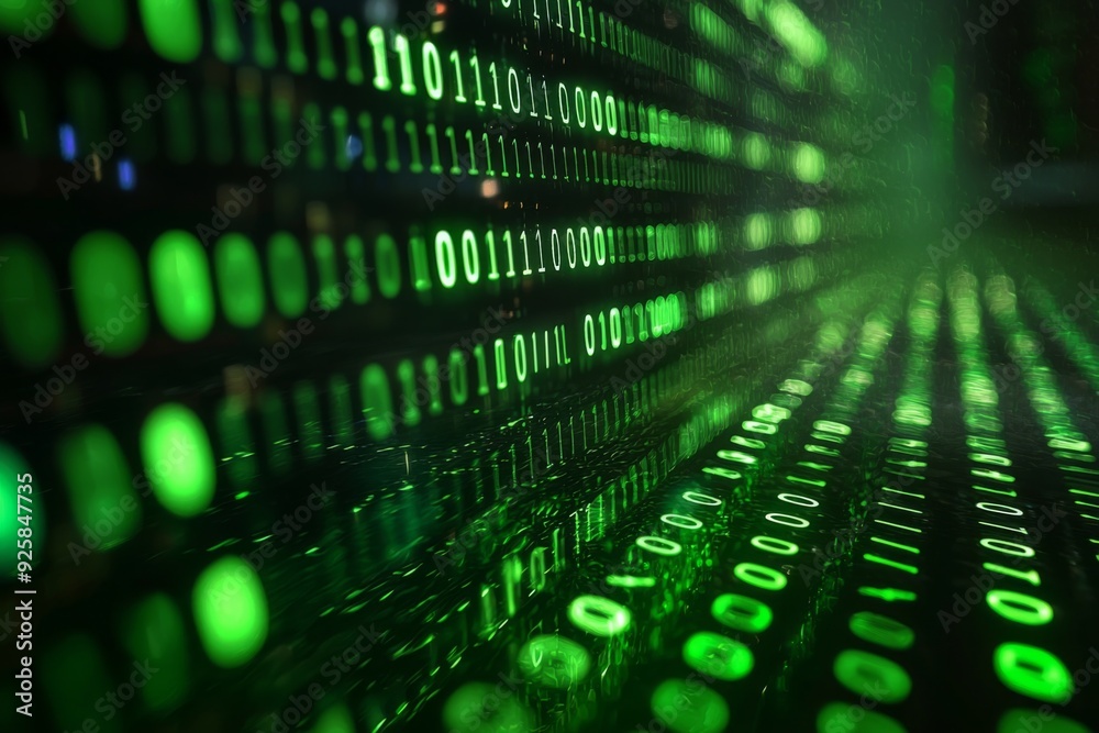 Green Dark Binary Code with Data Streaming Background created with Generative AI Green Dark Binary Code with Data Streaming Background created with Generative AI