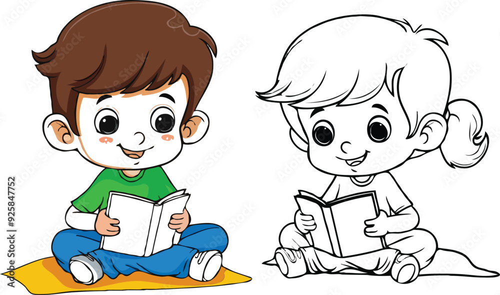 coloring page simple drawing of cartoon character reading a book in library , coloring book coloring page simple drawing of cartoon character reading a book in library , coloring book