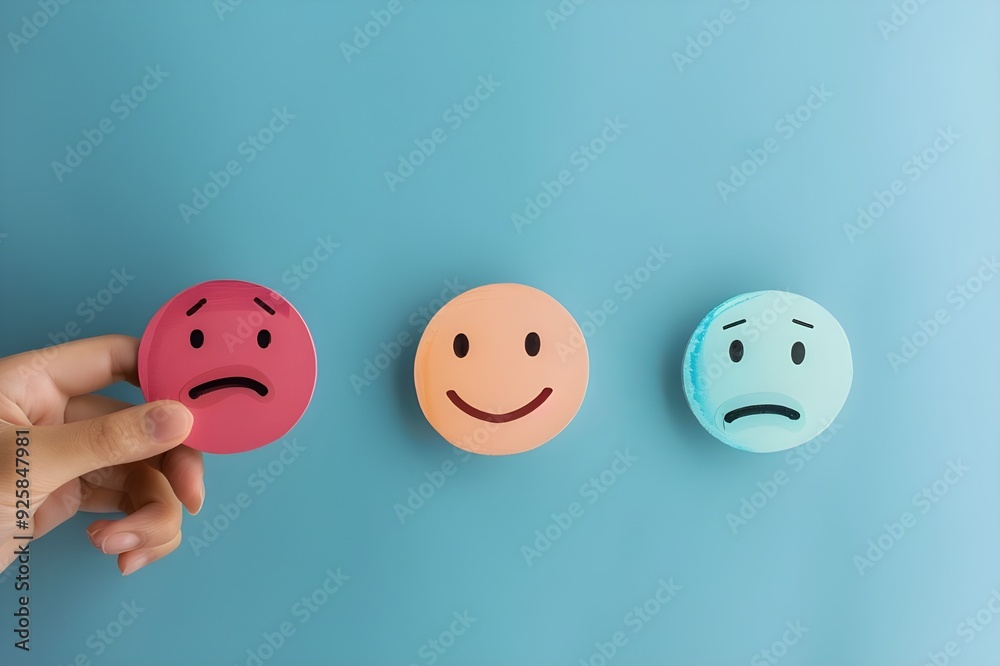 Hand pointing to happy smiley face symbol on blue background with other two sad faces symbols, customer service experience. Hand pointing to happy smiley face symbol on blue background with other two sad faces symbols, customer service experience.