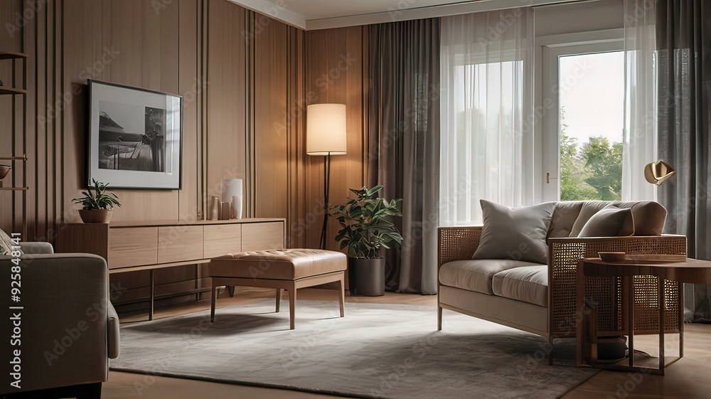 Fototapeta premium large room decorated with natural wood panels, modern design of a chic living room,