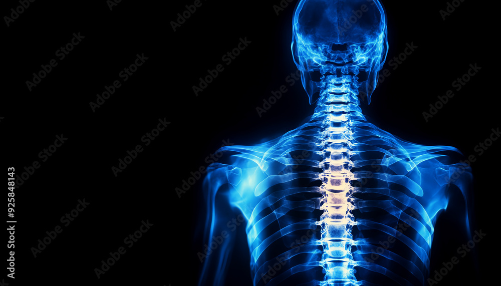 Artistic representation of a human spine in a glowing blue hue, highlighting the skeletal structure against a dark background. Artistic representation of a human spine in a glowing blue hue, highlighting the skeletal structure against a dark background.