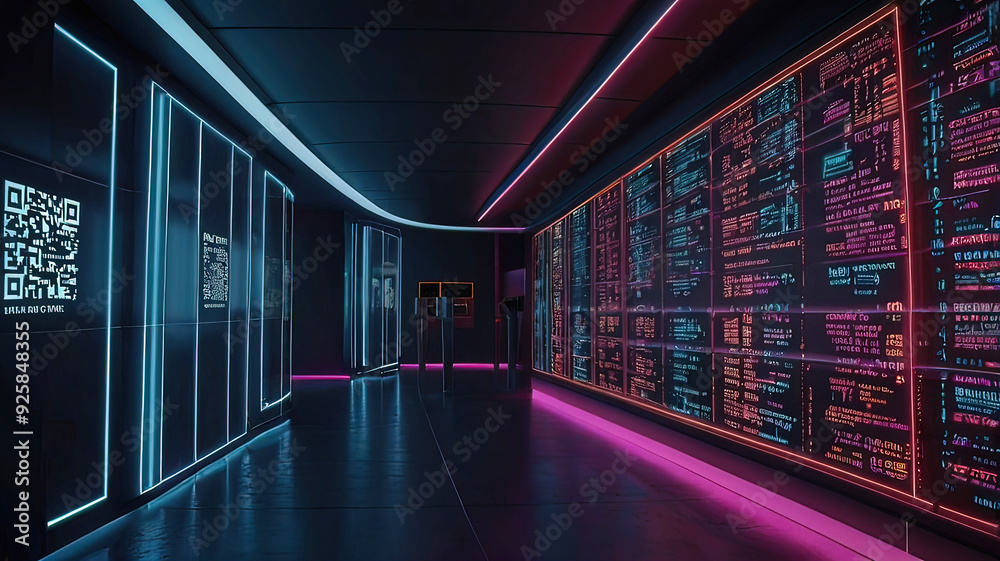 Fototapeta premium long corridor with QR codes that people can scan, 8k,