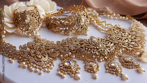 This is a gold-colored jewelry set with a necklace, bracelet, earrings, and a matching choker. It has a floral design and pearls.