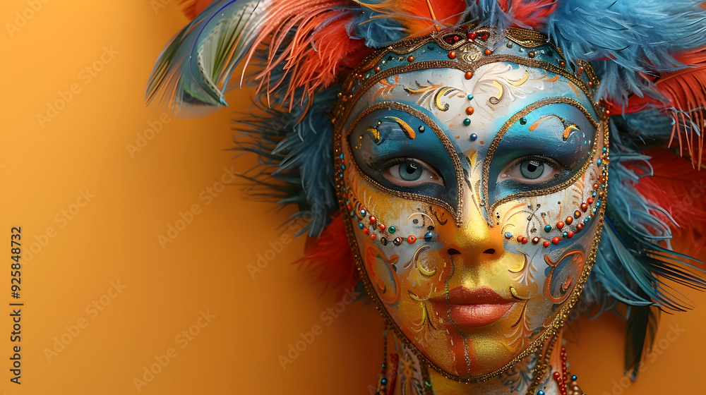 Woman in a Blue and Gold Mask with Feathers Illustration Woman in a Blue and Gold Mask with Feathers Illustration