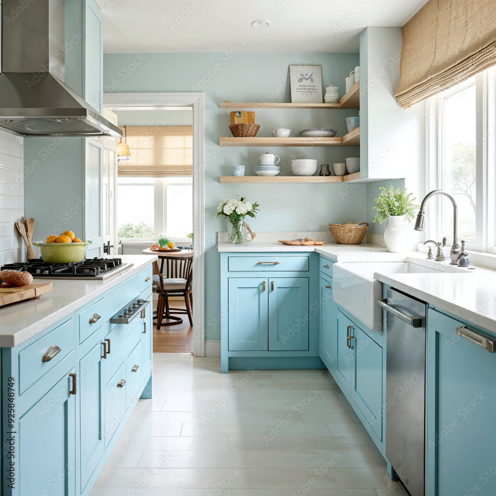 custom made wallpaper toronto digitalLight and airy pastel blue kitchen with open shelving and natural light