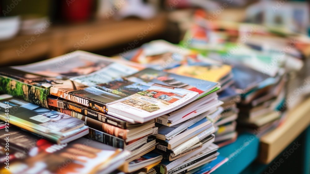 Wooden tables with different magazines, indoors Wooden tables with different magazines, indoors