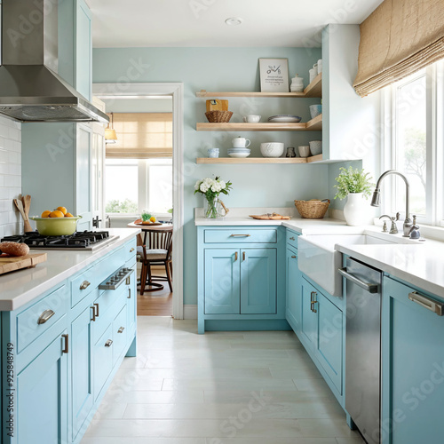 Light and airy pastel blue kitchen with open shelving and natural light