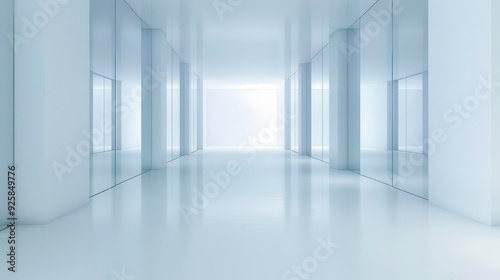 A bright, minimalist hallway with glass walls and a reflective floor, creating a spacious and modern atmosphere.