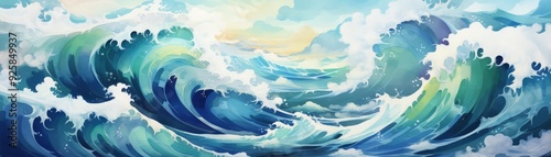 A cascade of cascading waves and splashes in shades of blue and green illustration