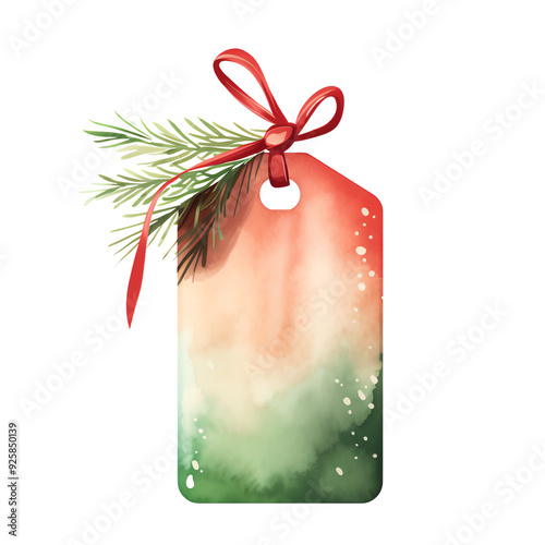 Wallpaper Mural Festive Christmas tag with watercolor design, red ribbon, and pine branch, perfect for holiday gift wrapping and decorations. Torontodigital.ca