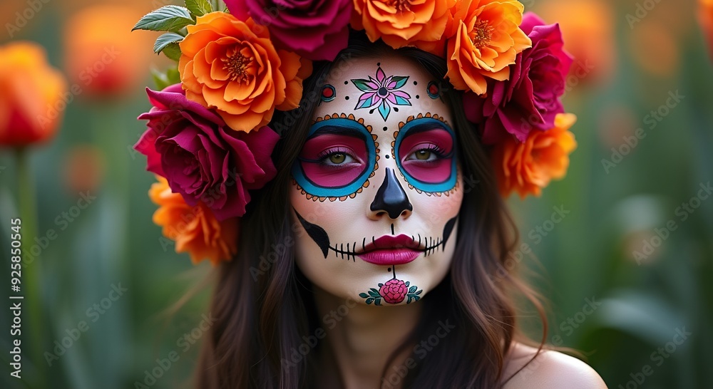 Stunning Day of the Dead portrait, vibrant sugar skull makeup, floral headdress, cultural heritage celebration, ideal for festivals, marketing, and art. Stunning Day of the Dead portrait, vibrant sugar skull makeup, floral headdress, cultural heritage celebration, ideal for festivals, marketing, and art.