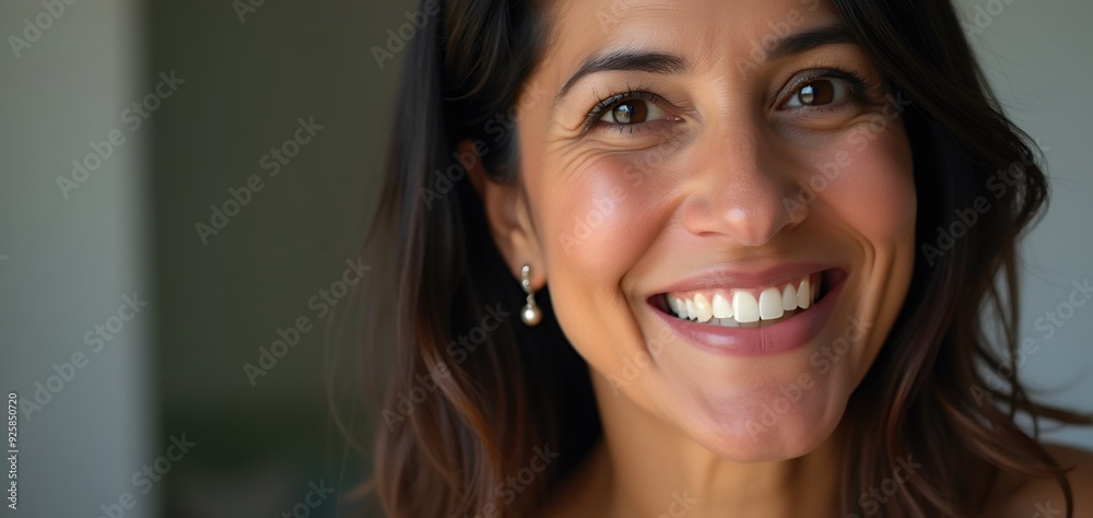 Radiant Hispanic woman smiling, highlighting joy and warmth, ideal for National Hispanic Heritage Month, community engagement, diverse marketing, cultural representation. Radiant Hispanic woman smiling, highlighting joy and warmth, ideal for National Hispanic Heritage Month, community engagement, diverse marketing, cultural representation.