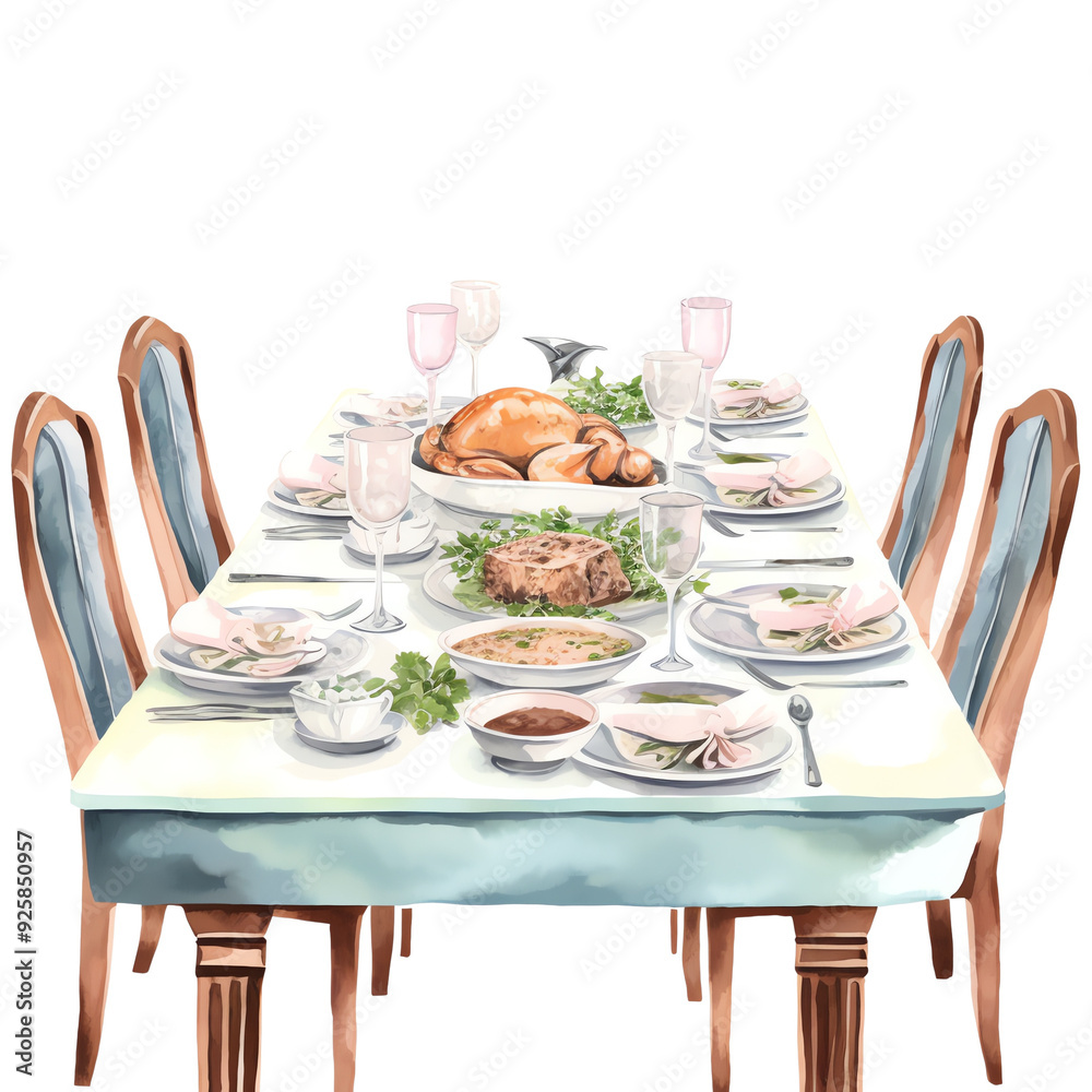 Fototapeta premium Festive dining table set for a holiday feast with roasted turkey, side dishes, and elegant tableware.