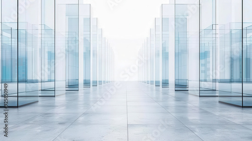 Minimalist interior with transparent glass structures and bright lighting creates a serene and open atmosphere.