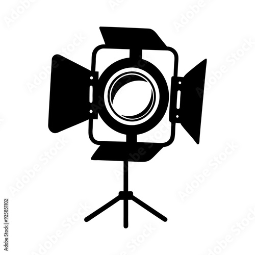 Black silhouette spotlight cinema camera icon and vector illustration