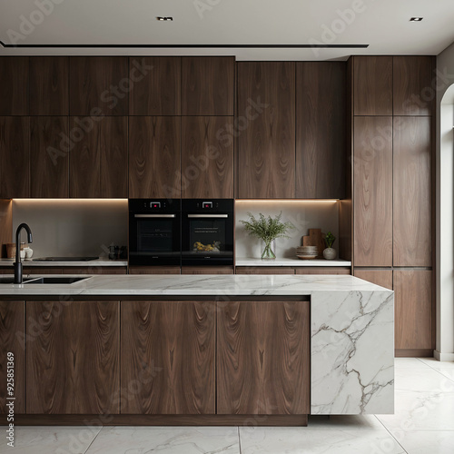 Minimalist modern kitchen with wood cabinetry and marble countertop