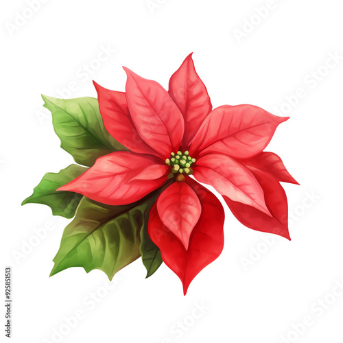 A bright red poinsettia flower with green leaves, perfect for holiday decoration and festive themes. High-resolution and vibrant colors.