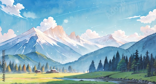 水彩画背景_夏山の風景_09