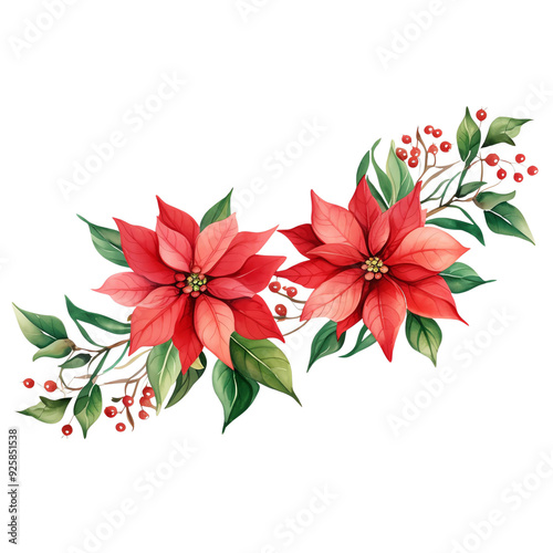 Beautiful watercolor illustration of two vibrant red poinsettia flowers with green leaves and berries, perfect for holiday decorations.