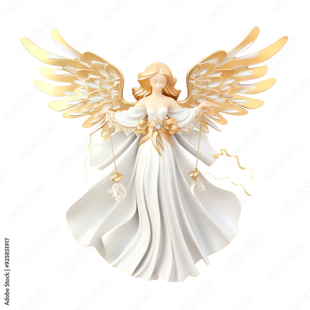 Elegant angel in a white flowing gown with golden wings, symbolizing purity and heavenly grace, perfect for spiritual and decorative themes. Elegant angel in a white flowing gown with golden wings, symbolizing purity and heavenly grace, perfect for spiritual and decorative themes.