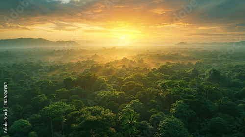 AI Generated. AI Generative. Beautiful green amazon forest landscape at sunset sunrise.