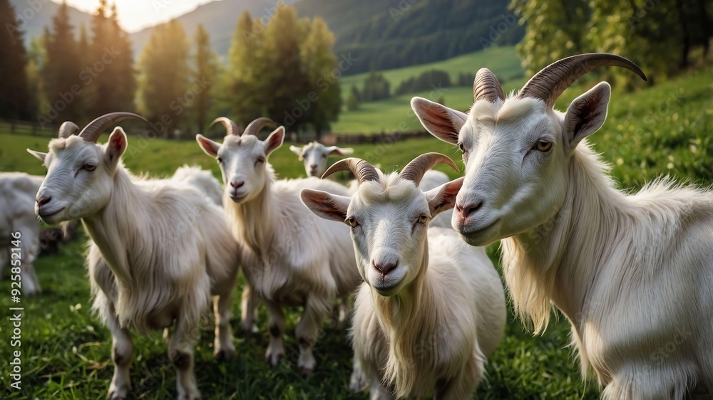 Fototapeta premium stock photography saanen goats in a beautiful farm