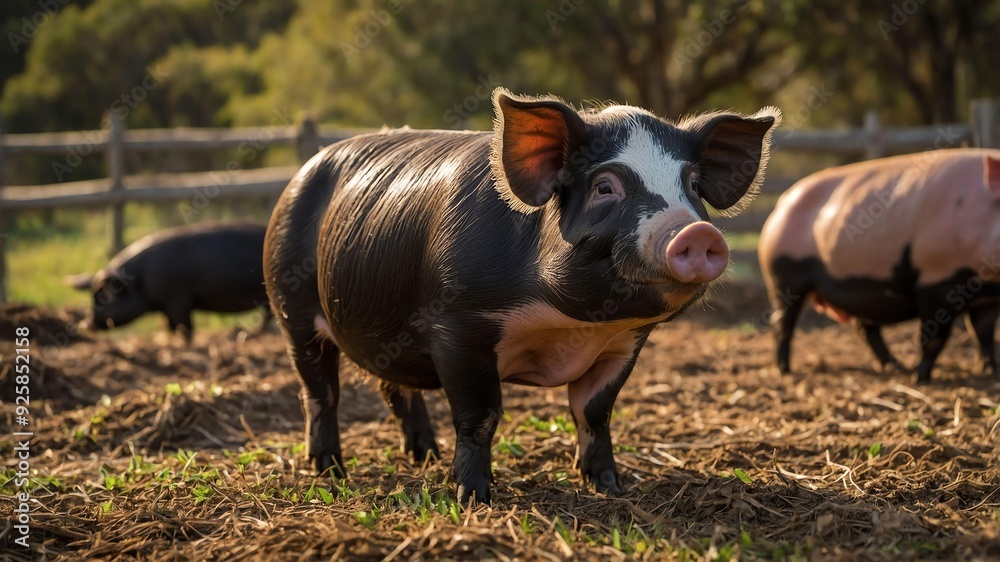 Fototapeta premium stock photography saddleback pigs in a beautiful farm