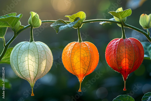 Three Colorful Chinese Lantern Plants with Dew Drops - Realistic Image