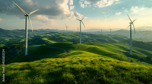 Wind Turbines in Green Rolling Hills Landscape Photo