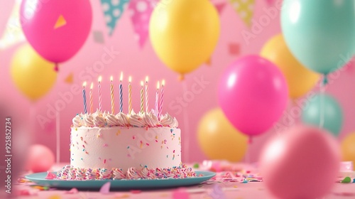 Birthday Cake with Balloons: A delightful image of a birthday cake adorned with candles, surrounded by colorful balloons. Perfect for celebrating birthdays, parties, and festive occasions. 