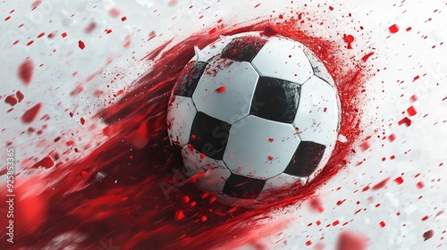 Soccer ball exploding with red paint on a white background