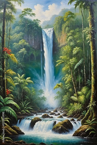 painting about beautiful rainforest waterfalll