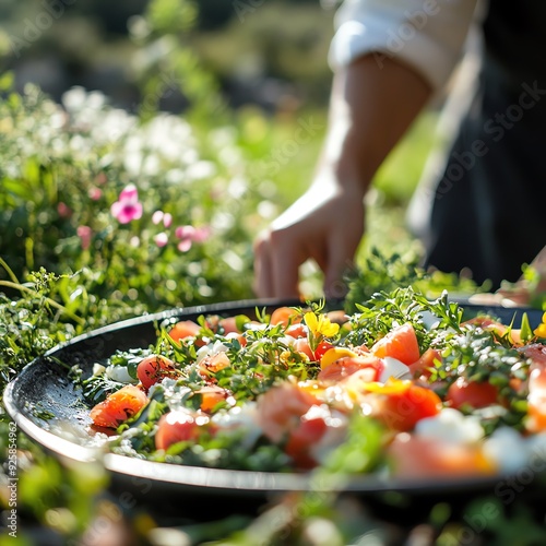 Person savoring a seasonal dish in a peaceful garden, focusing on the fresh, natural flavors, Mindfulness, gardentotable entertainment photo