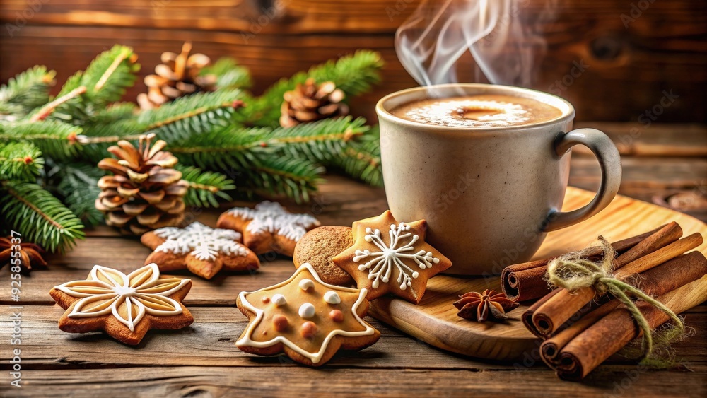 Cozy holiday scene with steaming hot chocolate and freshly baked gingerbread cookies , Christmas, holiday, winter, treat, festive Cozy holiday scene with steaming hot chocolate and freshly baked gingerbread cookies , Christmas, holiday, winter, treat, festive