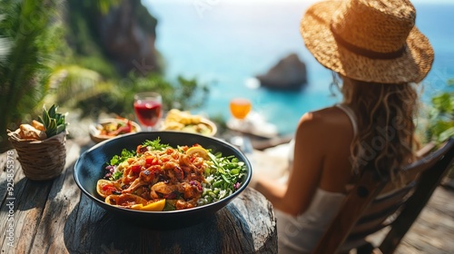 Traveler enjoying a trendy, plantbased meal at a wellness resort, overlooking the sea, Selfcare, healthy vacation trend photo