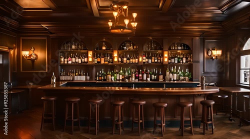 Old Bar Scene. Authentic Pub with Wooden Paneling