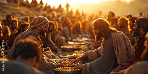 Jesus feeding five thousand, Bible story illustration, Biblical religious stories, Christian faith in God illustrations backgrounds, generated ai