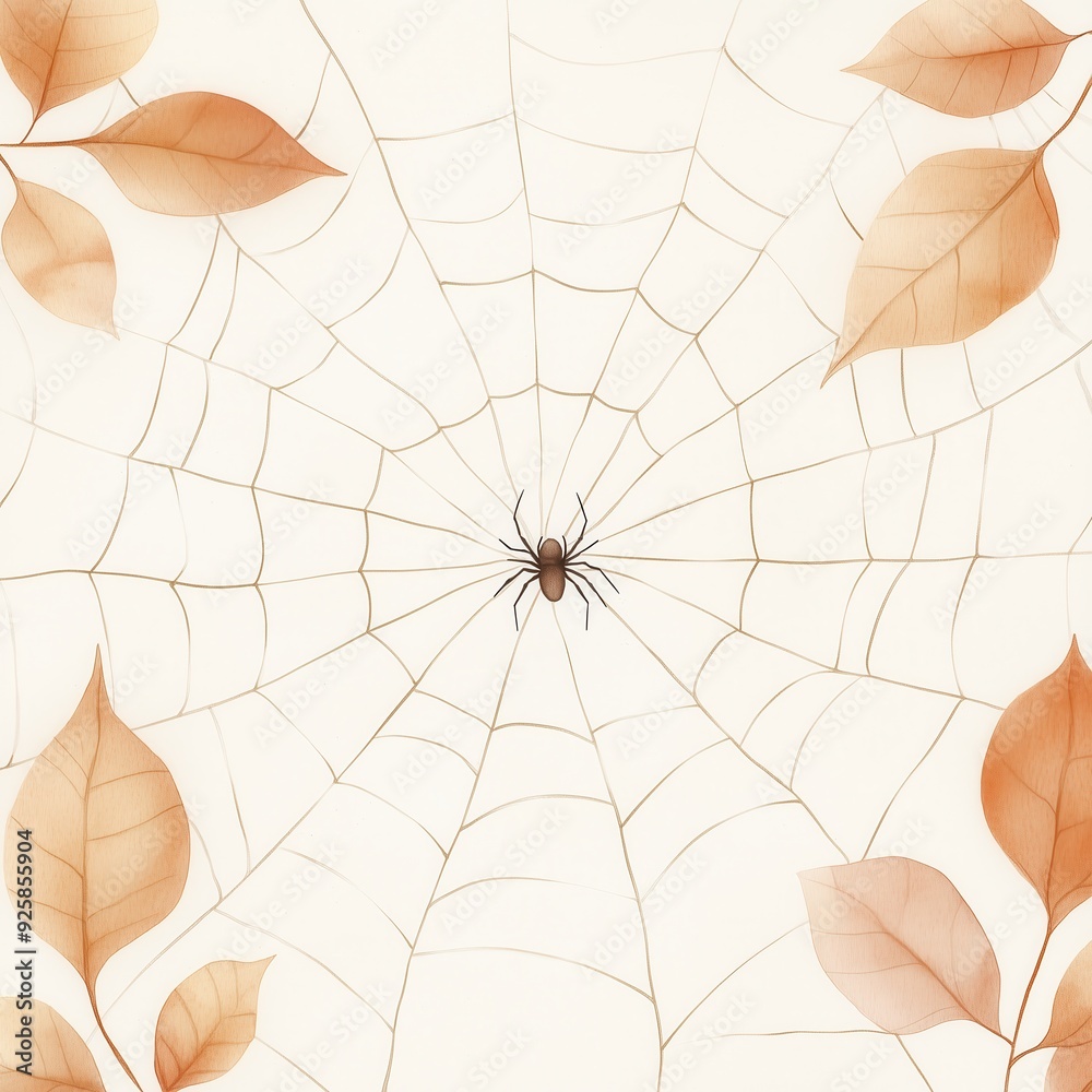 Obraz premium Elegant Spider Web with Autumn Leaves - Minimalist Nature Illustration Featuring a Spider on a Delicate Web Surrounded by Softly Colored Fall Leaves on a Light Background