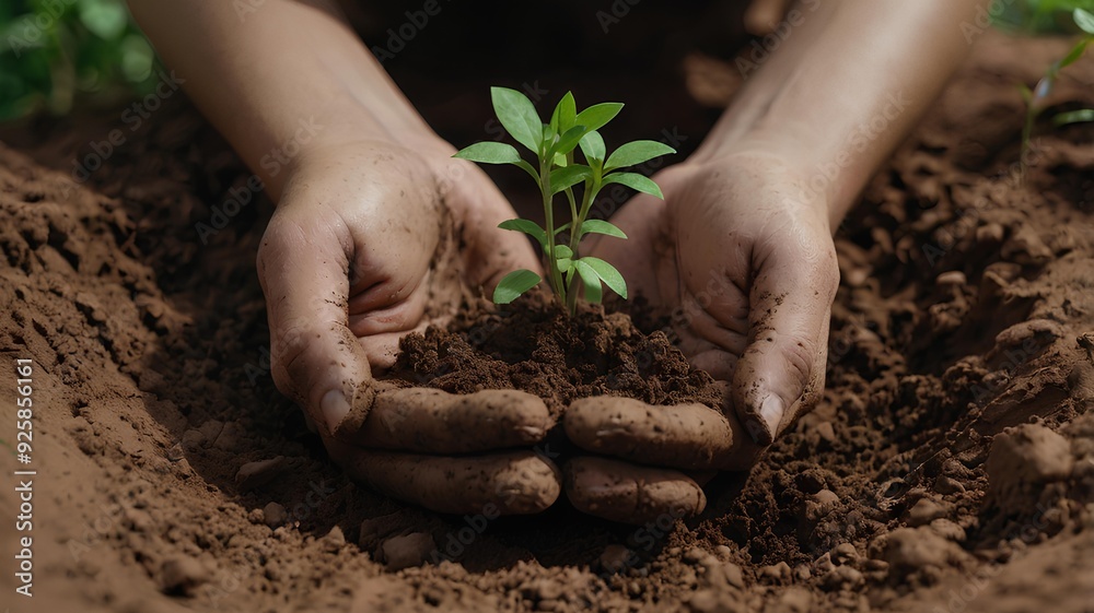 A portrait of both hands looking up and there are small green plants growing along the clay in both hands. A portrait of both hands looking up and there are small green plants growing along the clay in both hands.
