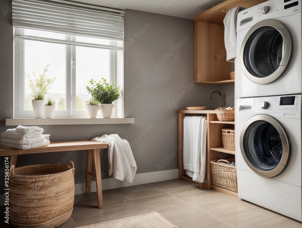 Modern Laundry Room with White Washer and Dryer, Wooden Shelves and Basket Modern Laundry Room with White Washer and Dryer, Wooden Shelves and Basket